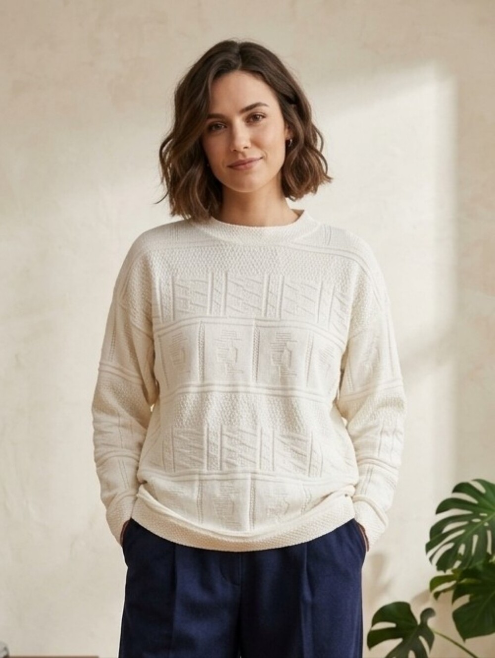 Vintage Textured Knit Crewneck Sweater Grandpacore Oversized Minimalist Cream S